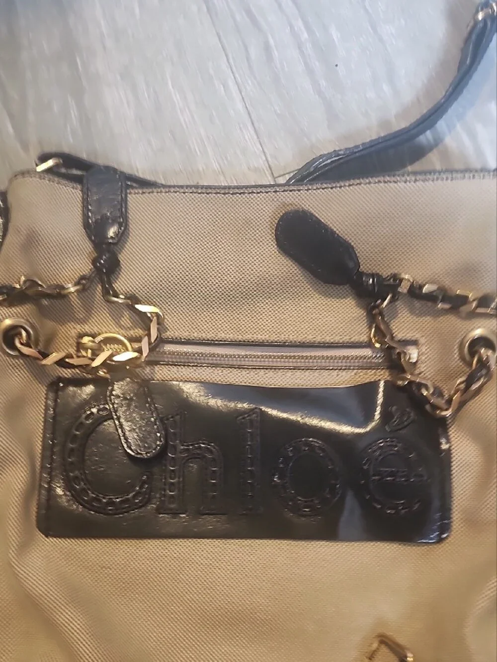 Chloé Beige Canvas Hobo with Black Leather Trim